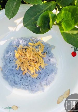 Hình của món Xôi hoa đậu biếc ăn với ruốc gà -ăn dặm.