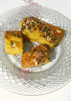 A picture of Mango Saffron Pistachio Cake.