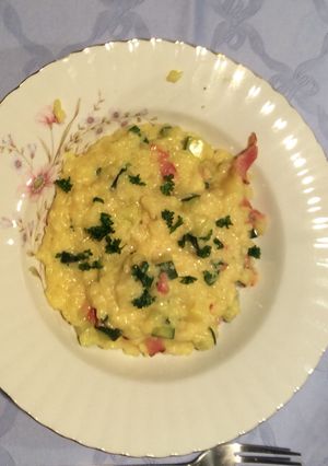 A picture of Milanese Risotto with Zucchini and Crispy Bacon.