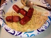 A picture of macaroni and hotdog