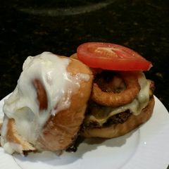 Brad's cinnamon roll burger A picture of Brad's cinnamon roll burger.