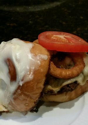A picture of Brad's cinnamon roll burger.