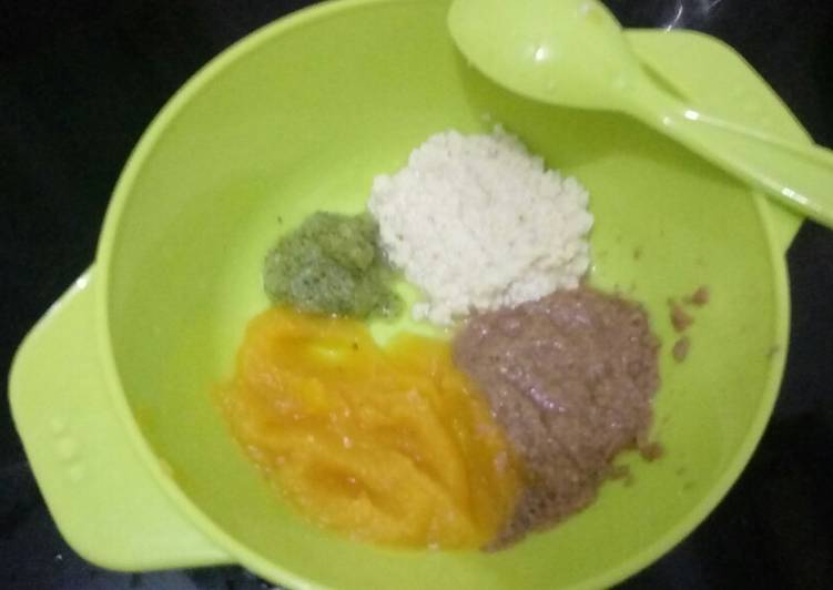 Mpasi pure butternut pumpkin, daging sapi, tahu sutra & brokoli