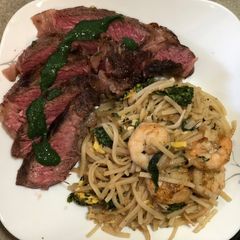 Ribeye Mint Chutney Sauce w/ Shrimp Pad Thai A picture of Ribeye Mint Chutney Sauce w/ Shrimp Pad Thai.