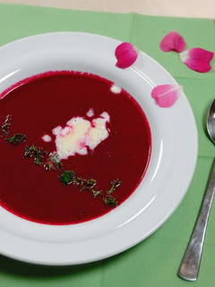 A picture of Beetroot soup with horseradish cream.