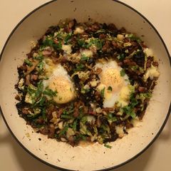 A picture of Smoked Ham, Celeriac and Cabbage Hash with Duck Eggs.