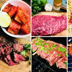 A picture of Corona Marinated Fullblood Wagyu Bavette Steak with Grilled Watermelon.