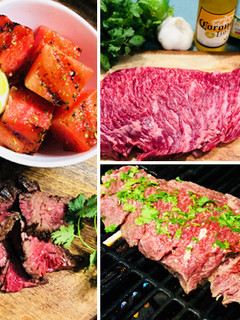 A picture of Corona Marinated Fullblood Wagyu Bavette Steak with Grilled Watermelon.