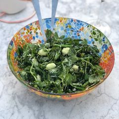 A picture of Broadbean, broccoli, pea shoot and Parmesan salad 🥗.