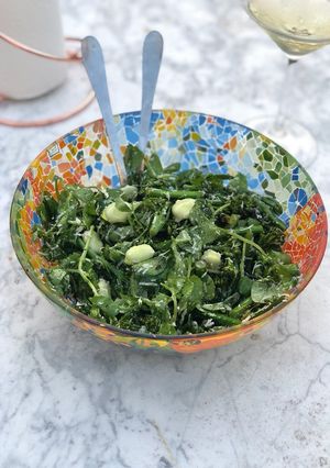 A picture of Broadbean, broccoli, pea shoot and Parmesan salad 🥗.