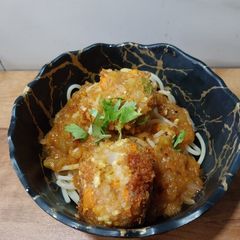 Spaghetti with pumpkin sauce and Veg Balls A picture of Spaghetti with pumpkin sauce and Veg Balls.