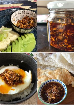A picture of Garlic Chilli Oil with Nuts.
