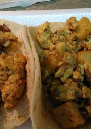 A picture of Chorizo Egg and Potatoes Tacos.
