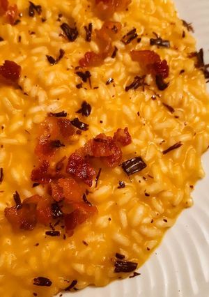 A picture of Pumpkin Risotto with Bacon and Dark Chocolate.