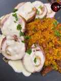 Arroz ma postrado con churrasco y Pechuga rellena de Mozzarella y amarillos