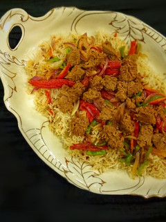 A picture of BBQ Rice Platter With Leftover Beef Boti.