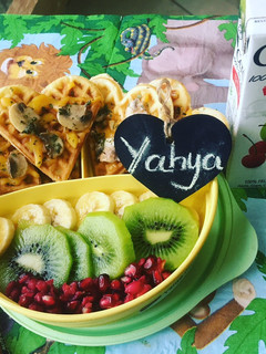 A picture of Heart shaped savory waffles.