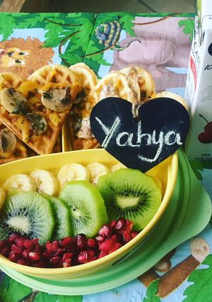A picture of Heart shaped savory waffles.