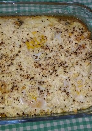 A picture of Baked, Spinach, mushrooms tomatoes and eggs.