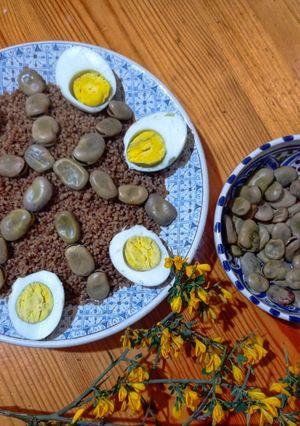 A picture of Barley Couscous with Fava Beans and Hard-Boiled Eggs.