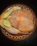 Pollo al horno de leña con papas y manzanas criolla, estilo ranchero con pulque las Correa