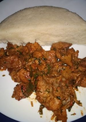 A picture of Wet Fry beef Served with Ugali.