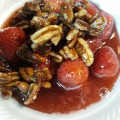 A picture of Strawberries with Maple Glazed Pecans.