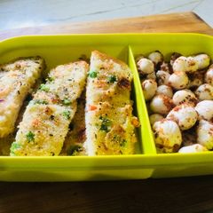 A picture of Veggie sooji bread sticks and roasted shaker foxnuts.