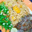 Oriental jollof rice, steamed fish with lemon salad