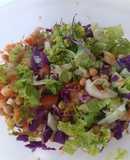 Ensalada colorida de repollo morado, lechuga, tomate, pepino, zanahoria y garbanzos