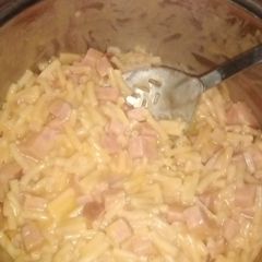 A picture of Mac and cheese with Christmas ham.