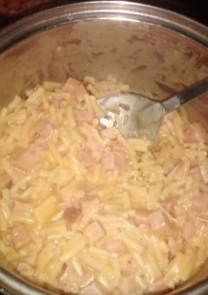 A picture of Mac and cheese with Christmas ham.