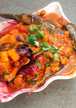 A picture of Eggplant and Bell Pepper in Creamy Gravy.