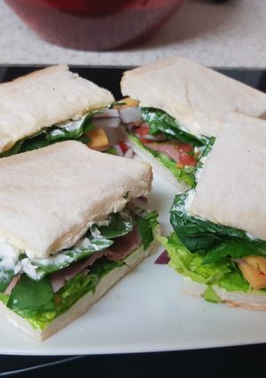 A picture of My Ham,Cheese + Salad Sandwich with a kick 😍.
