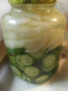A picture of Refrigerator Pickled Cucumber and onion.