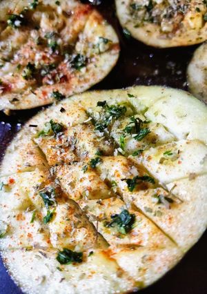 Una foto de Berenjena al horno- vegano