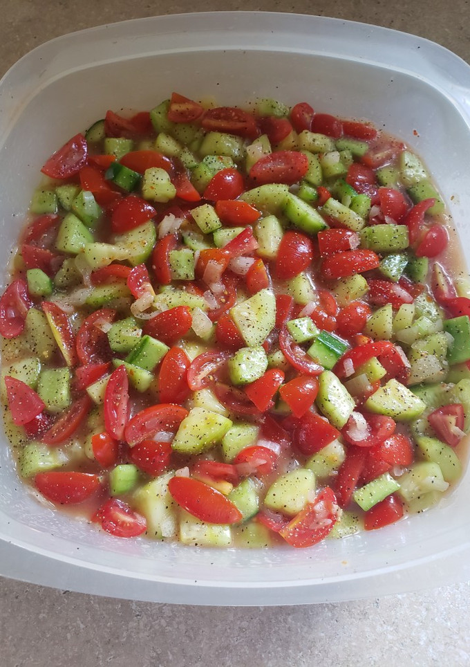 A picture of Cucumber, Tomato, & Onion Salad.