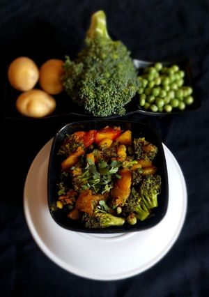 A picture of Broccoli Potato Matar ki Sabji.