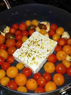 A picture of Cherry tomato feta pasta.