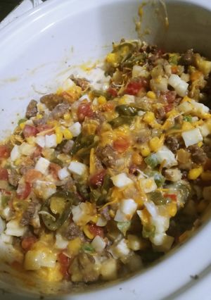 A picture of Crockpot Taco Hashbrown Casserole.