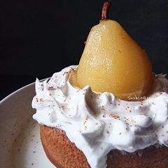 A picture of POACHED PEAR and GINGER BREAD.