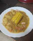 Potaje de lentejas con verduras, sacramentos y piña