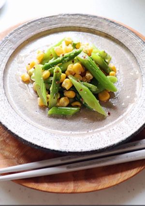 A picture of Asparagus salt with rice malt(Shio-koji) salad.