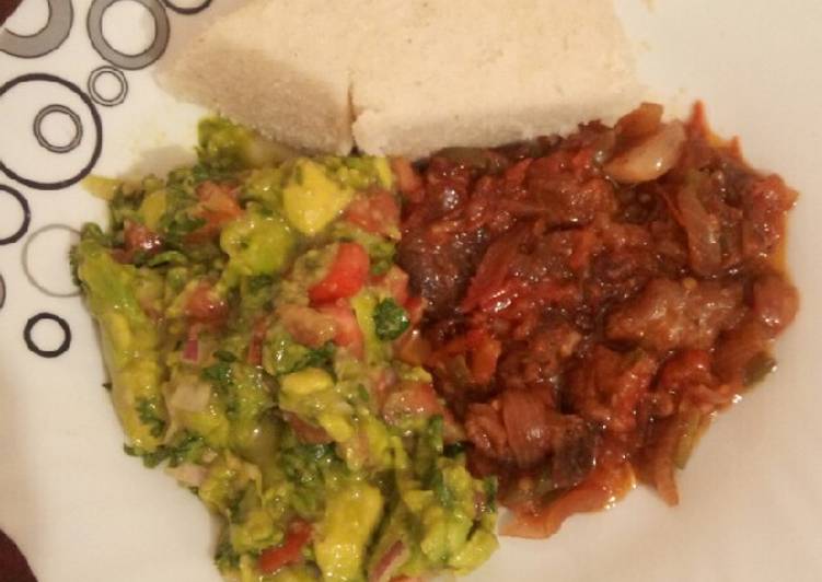 Wet fry beef, guacamole and ugali