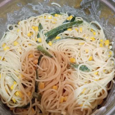 Espagueti con rajas de poblano y elote Receta de Ali Ponce Guzman- Cookpad