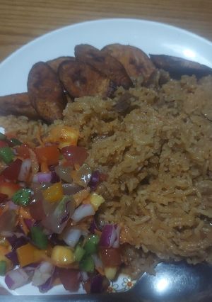 A picture of Pilau Plantain and Salad with Japanese Vinegrette.