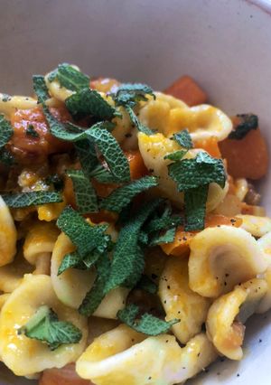 A picture of Squash and sage pasta - can be vegan.