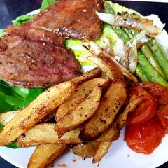 My Peppered Marinated Steak with Onions garlic, Wedge Chips. 😘 A picture of My Peppered Marinated Steak with Onions garlic, Wedge Chips. 😘.