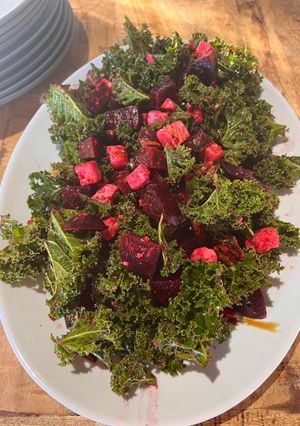 A picture of Winter Beetroot, curly kale and feta salad.