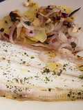 Dover Sole in the oven with hot and crispy onion and potato on the side